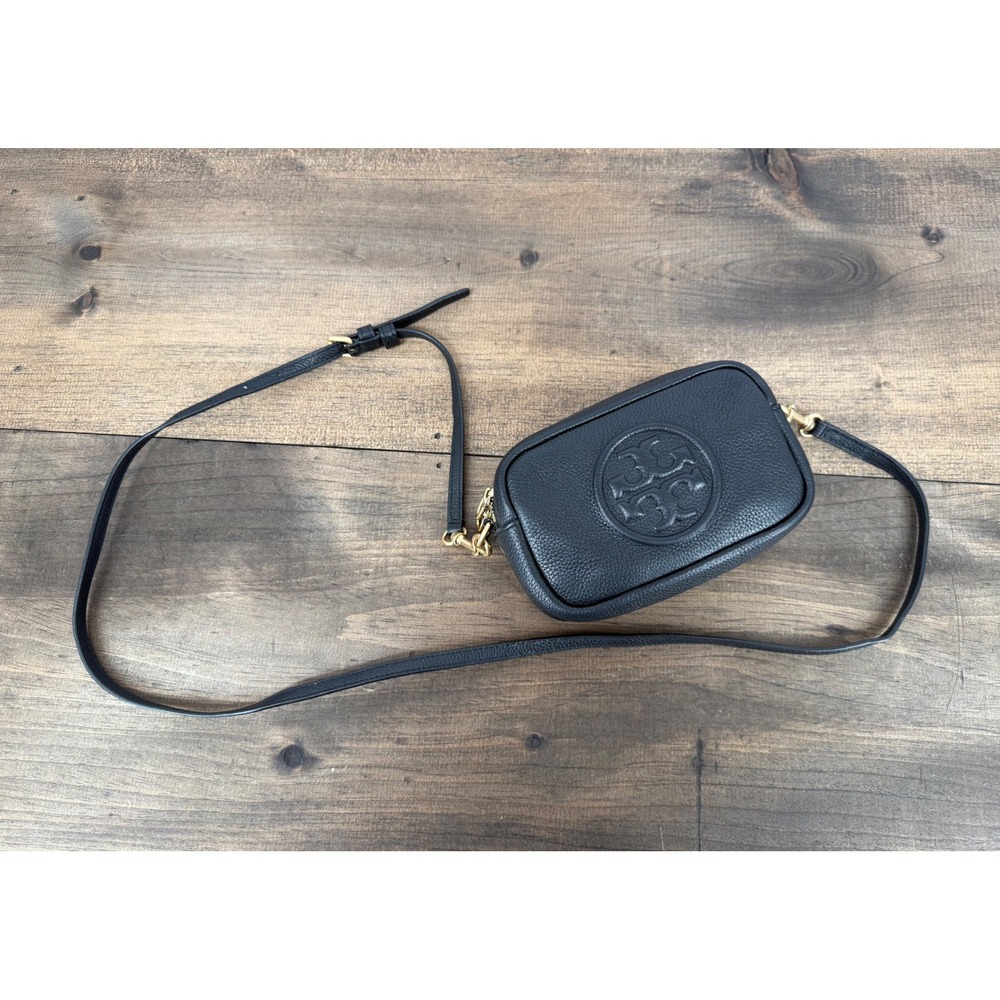 Tory Burch Perry Bombe Mini Bag Black Pebbled Leather Crossbody Camera Bag - Picture 4 of 15